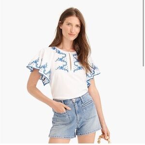 J.Crew White Blue Embroidered Peasant Top Boho Tunic Blouse Flutter Sleeve Large